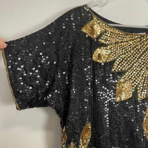 CeeCee Silk Blouse Womens Medium Black Gold Bead Sequin Formal VTG - Picture 3 of 8